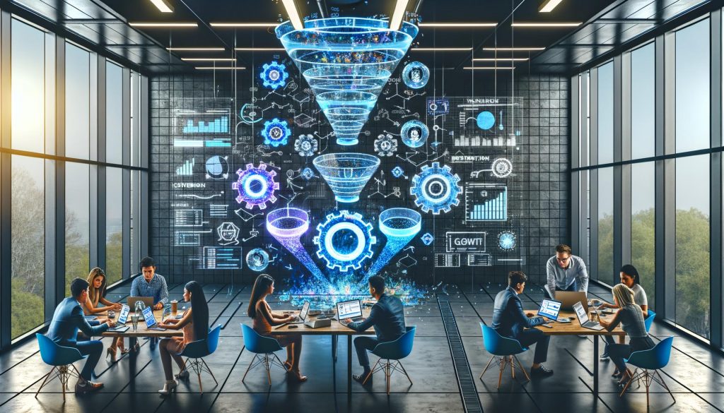 Modernes Loft-Büro mit internationalem Marketing-Team, das interaktive Dashboards und eine holografische Growth Engine umgeben von digitalen KPIs analysiert.