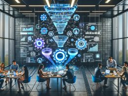 Modernes Loft-Büro mit internationalem Marketing-Team, das interaktive Dashboards und eine holografische Growth Engine umgeben von digitalen KPIs analysiert.