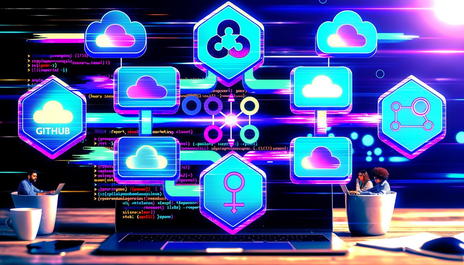 Modernes Dashboard mit bunten GitHub Actions Workflows, GitHub-Octocat-Logo, Cloud-Symbolen und einem vielfältigen Entwicklerteam an einem futuristischen Arbeitsplatz, alles mit Neon-Glitch-Effekt dargestellt.