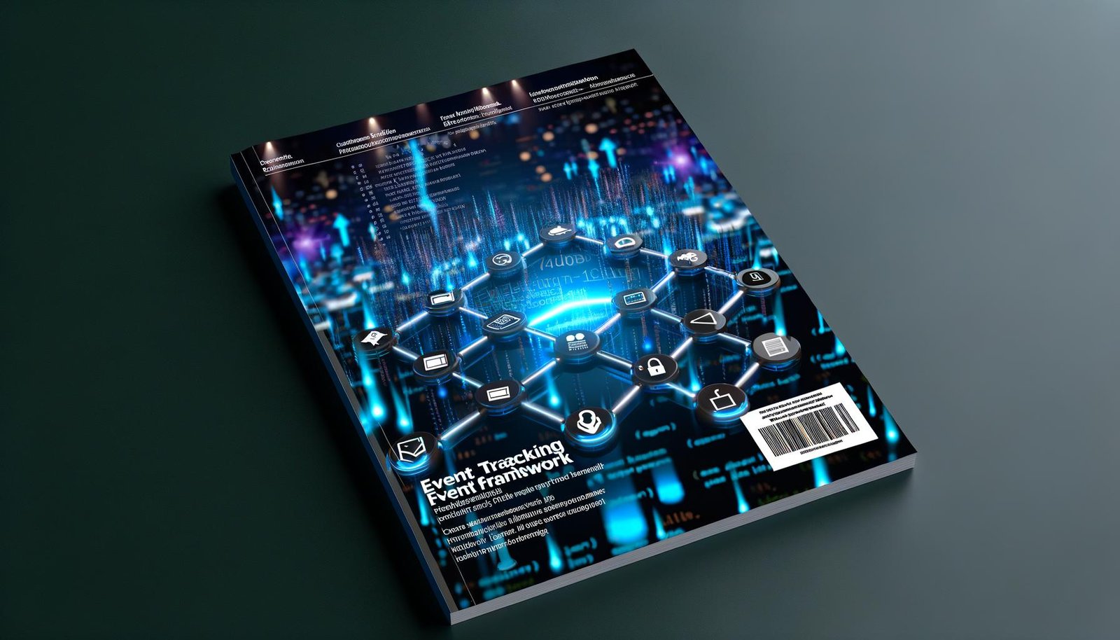 Futuristisches Magazincover mit leuchtenden Datenströmen, Event-Icons, Analytics-Dashboards und Datenschutzsymbolen auf dunklem Hintergrund, zentrales Thema: Event Tracking Framework
