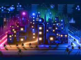 Illustration einer Website-Struktur als nächtliche Stadtlandschaft mit Googlebots, hell erleuchteten Webseiten-Gebäuden, Neonlinks und Datenmonitoren, die die Dringlichkeit und Strategie der Crawl-Budget-Optimierung symbolisieren