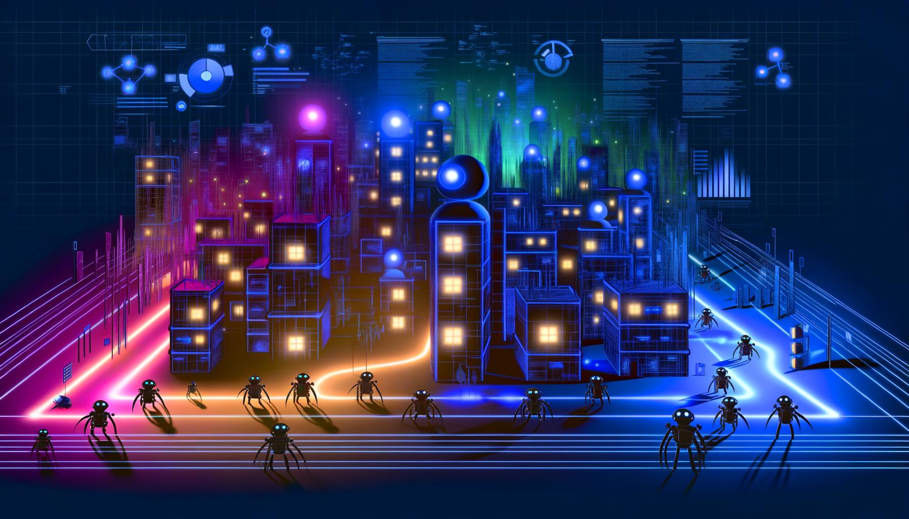 Illustration einer Website-Struktur als nächtliche Stadtlandschaft mit Googlebots, hell erleuchteten Webseiten-Gebäuden, Neonlinks und Datenmonitoren, die die Dringlichkeit und Strategie der Crawl-Budget-Optimierung symbolisieren