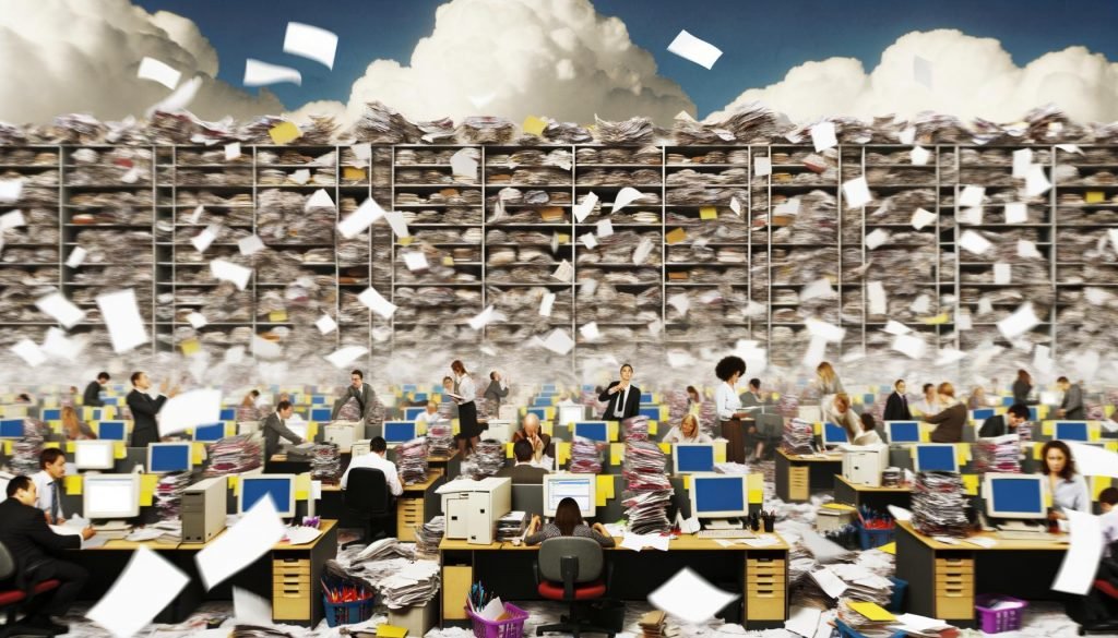 Chaotische Büroszene mit überfüllten Schreibtischen, gestressten Mitarbeitern und unübersichtlichen Dokumenten, die die Probleme ineffizienter Content-Produktion zeigen.