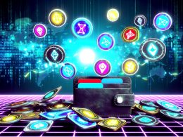 Futuristisch gestaltete Geldbörse, aus der digitale NFTs in leuchtenden Farben herausschweben, mit weggeworfenen analogen Treuekarten darunter und jungen Erwachsenen, die per Smartphone interagieren.