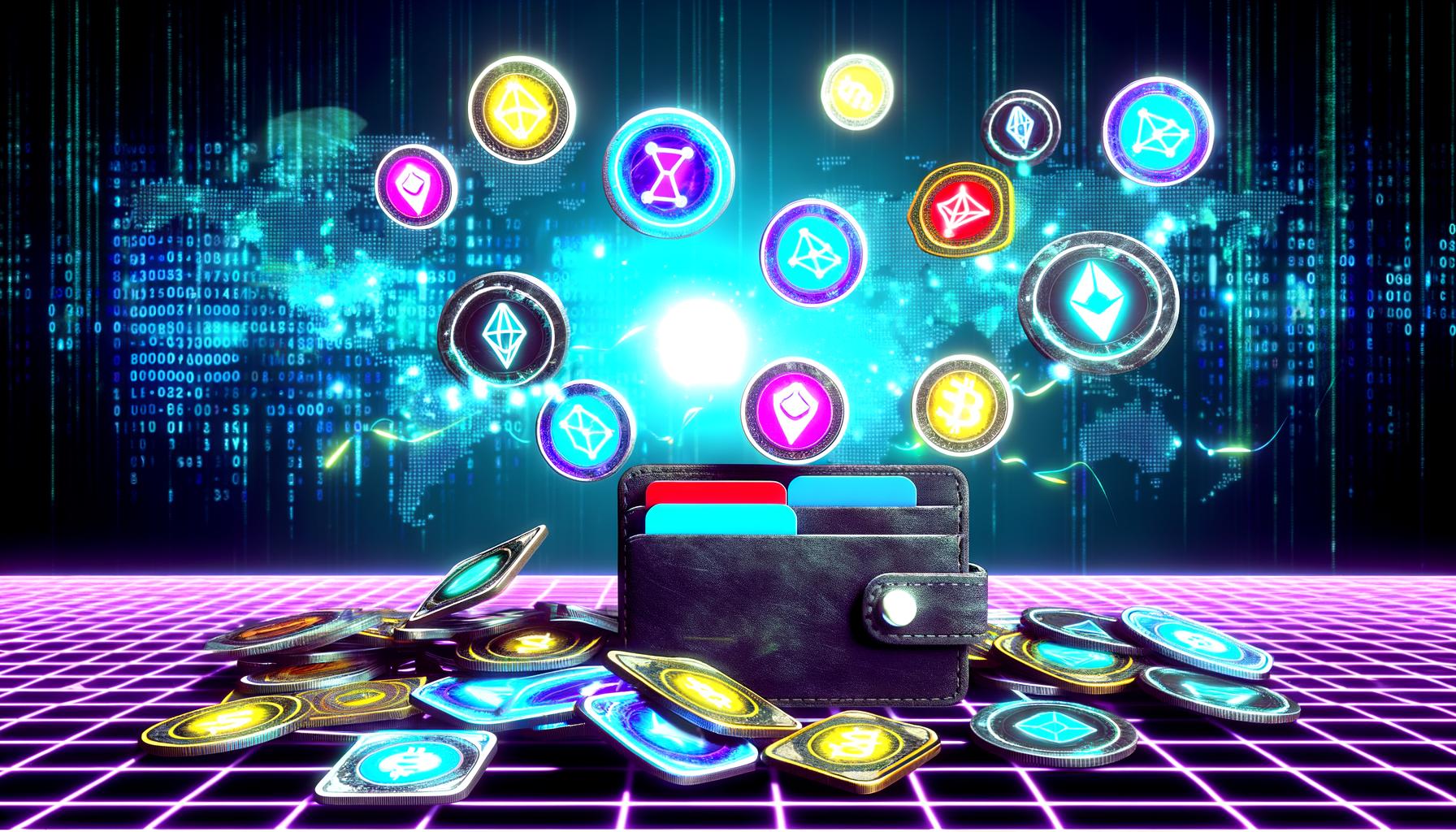 Futuristisch gestaltete Geldbörse, aus der digitale NFTs in leuchtenden Farben herausschweben, mit weggeworfenen analogen Treuekarten darunter und jungen Erwachsenen, die per Smartphone interagieren.