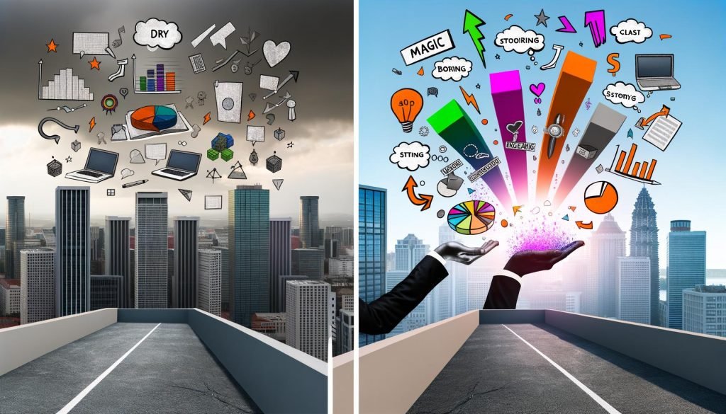Graue, monotone Excel-Diagramme verwandeln sich durch eine magische Hand in bunte, moderne Datenvisualisierungen mit Symbolen wie Sprechblasen und steigenden Pfeilen.