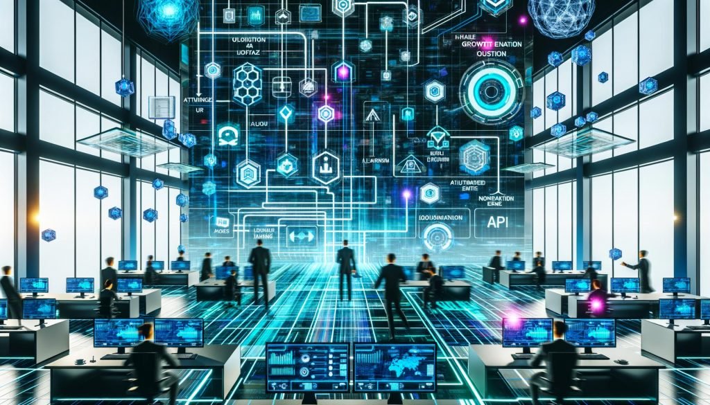 Dynamisches Büro voller Hologramme, digitale Dashboards, ein zentrales Team vor einer riesigen Flowchart-Wand mit moderner Growth Engine und blau-türkisen Neonfarben.