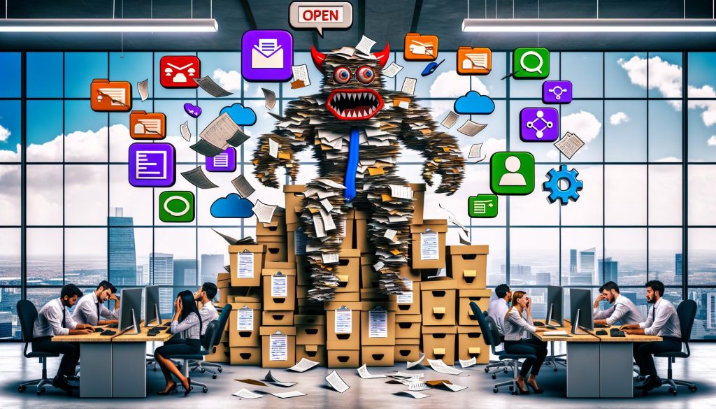 Comicartiges Bürokratie-Monster aus Papier, Akten und digitalen Symbolen sitzt zwischen erschöpften Marketer:innen in einem Großraumbüro, mit einem Kontrast aus chaotischer Verwaltung und digitaler Automatisierung im Hintergrund.