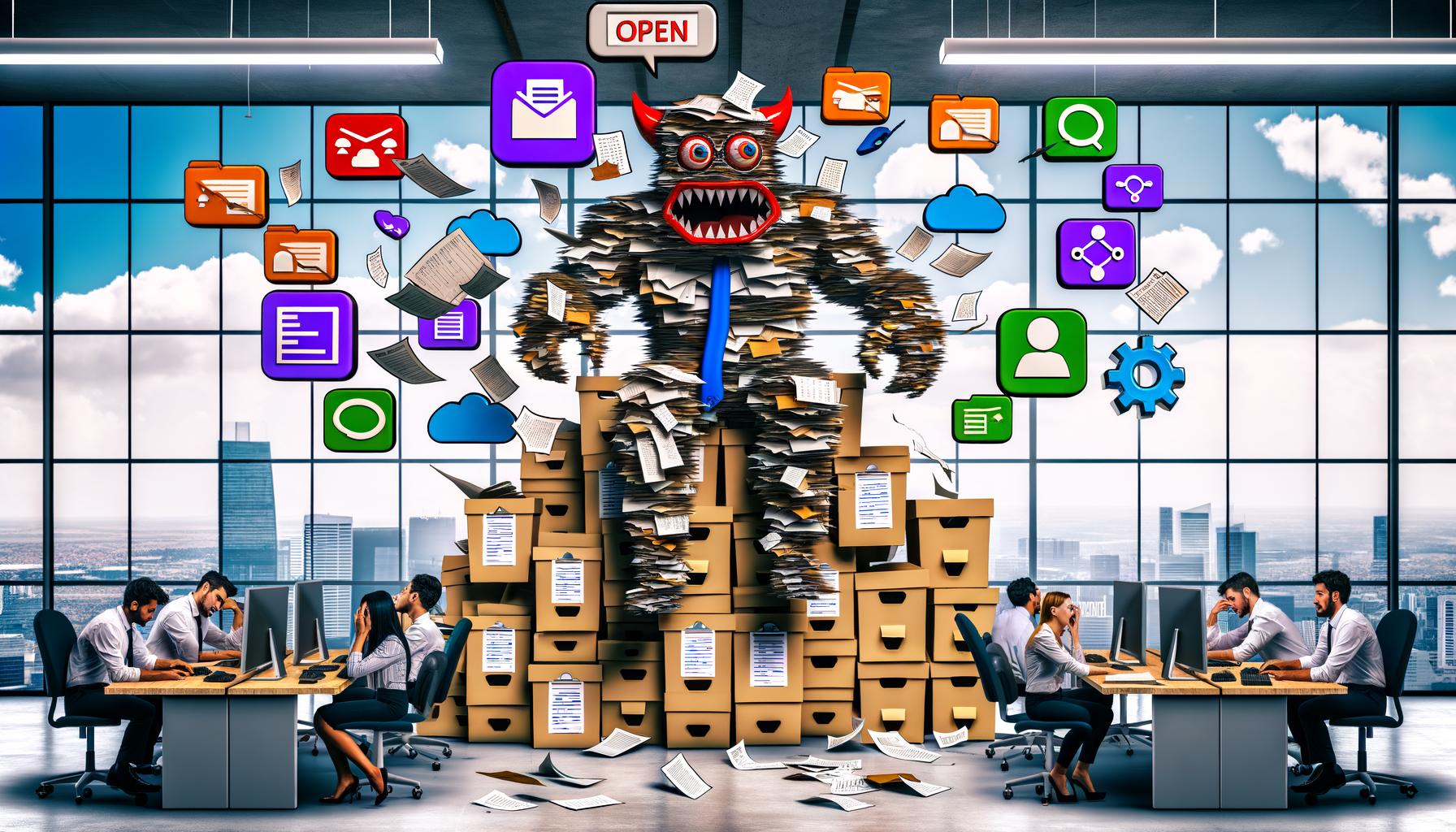 Comicartiges Bürokratie-Monster aus Papier, Akten und digitalen Symbolen sitzt zwischen erschöpften Marketer:innen in einem Großraumbüro, mit einem Kontrast aus chaotischer Verwaltung und digitaler Automatisierung im Hintergrund.