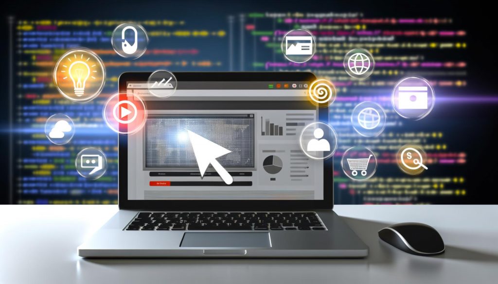 Modernes Coverbild mit Laptop und leuchtendem Webanalyse-Dashboard, umgeben von Symbolen für Events wie Klick, Scrollen, Formular, Video, Warenkorb und Datenschutz. Im Hintergrund Quellcode und Datenvisualisierungen.