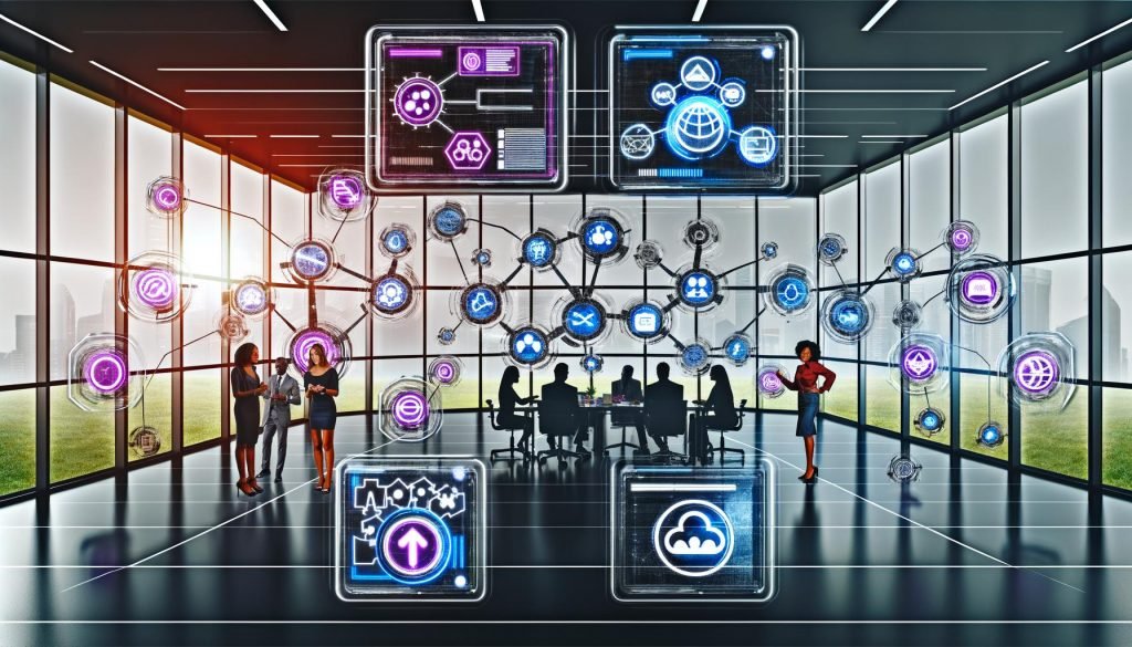 Moderner Arbeitsplatz mit digitalen Bildschirmen, auf denen Content-Workflows, Mindmaps und Diagramme zu sehen sind. Verschiedene Fachleute kollaborieren, umgeben von Symbolen für Automatisierung, APIs, Analyse und Compliance.