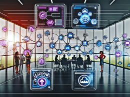 Moderner Arbeitsplatz mit digitalen Bildschirmen, auf denen Content-Workflows, Mindmaps und Diagramme zu sehen sind. Verschiedene Fachleute kollaborieren, umgeben von Symbolen für Automatisierung, APIs, Analyse und Compliance.