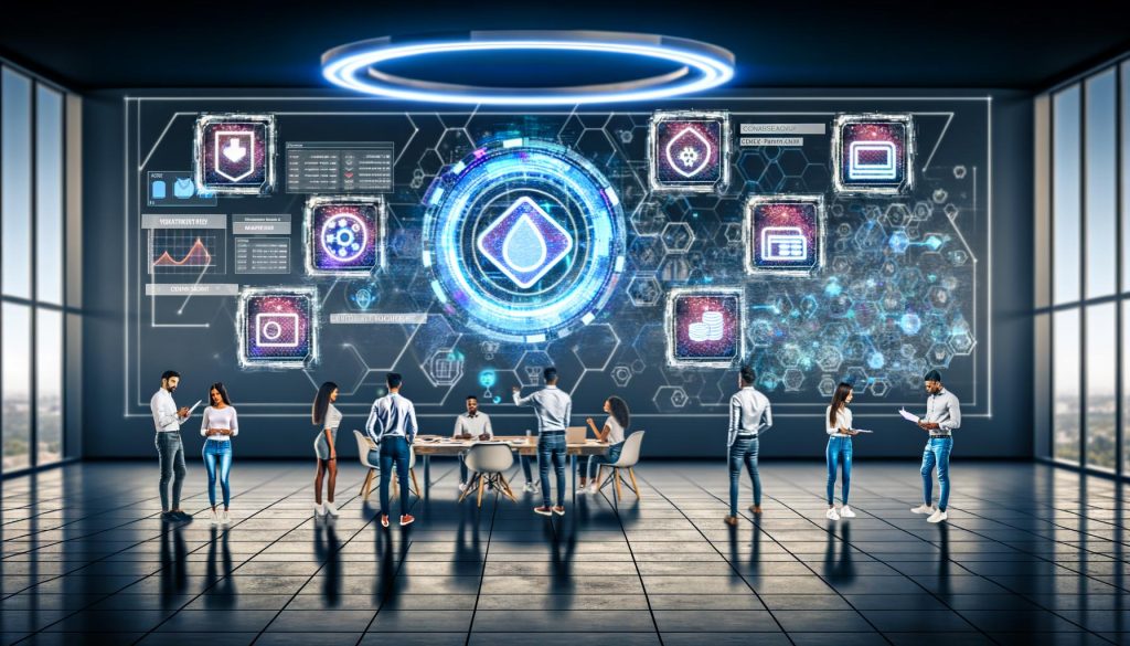 Futuristisches Agentur-Büro mit Team, das an einem holografischen NFT-Display arbeitet. Sichtbare CRM-Dashboards, Blockchain-Elemente und Datenanalysen im Hintergrund, die innovatives, technologieorientiertes Marketing zeigen.