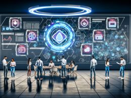 Futuristisches Agentur-Büro mit Team, das an einem holografischen NFT-Display arbeitet. Sichtbare CRM-Dashboards, Blockchain-Elemente und Datenanalysen im Hintergrund, die innovatives, technologieorientiertes Marketing zeigen.