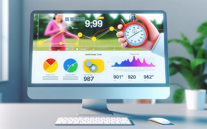 Cleanes Dashboard mit farbenfrohen Grafiken, interaktiven Elementen und einem Nutzer mit Stoppuhr vor digitalen Diagrammen zur Webseitenanalyse am Computer.