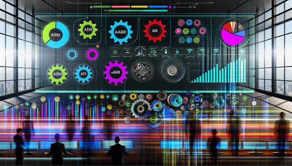 Illustration eines hochmodernen digitalen Kontrollraums mit Dashboard, AARRR-Akronym, KPIs, Datenströmen, Zahnrädern, Servern und Geschäftsmenschen vor Wachstumsmetriken.