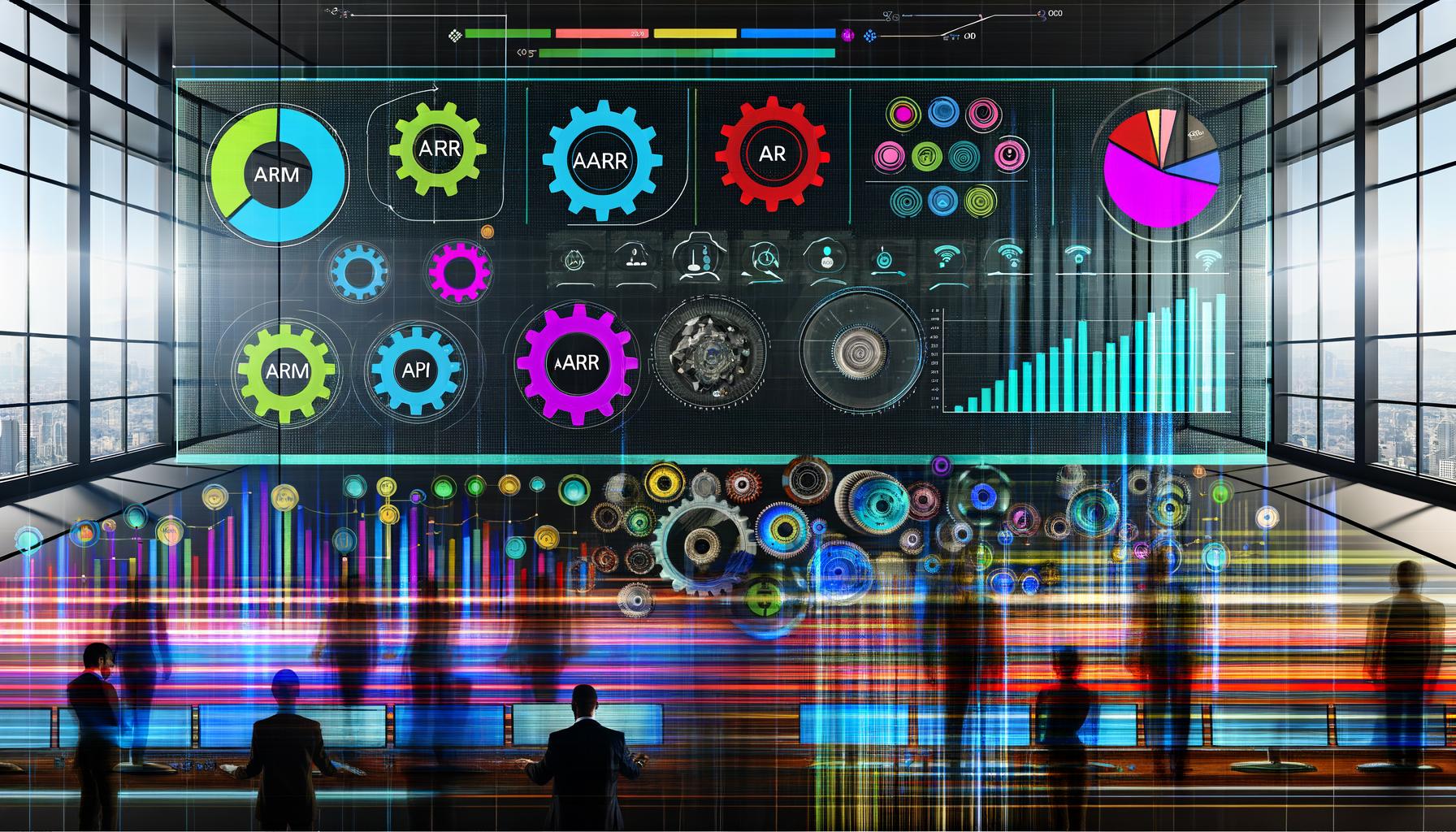 Illustration eines hochmodernen digitalen Kontrollraums mit Dashboard, AARRR-Akronym, KPIs, Datenströmen, Zahnrädern, Servern und Geschäftsmenschen vor Wachstumsmetriken.