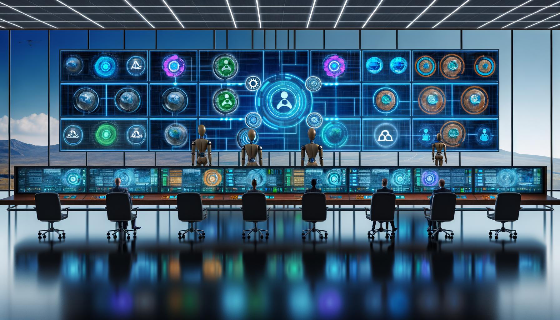 Futuristischer Kontrollraum mit digitalen Bildschirmen, die Content-Workflows, KI-Symbole, automatisierte Prozesse und menschliche Betreiber im Hintergrund zeigen.