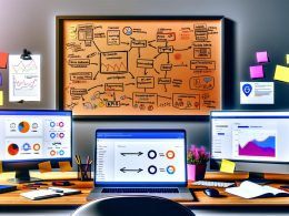 Moderner Workspace von oben mit mehreren Bildschirmen voller Web-Analysen, Whiteboard mit Skizzen zu Tracking-Konzepten und KPIs, Sticky Notes, Datenschutz-Hinweis und Google Tag Manager auf offenem Laptop.