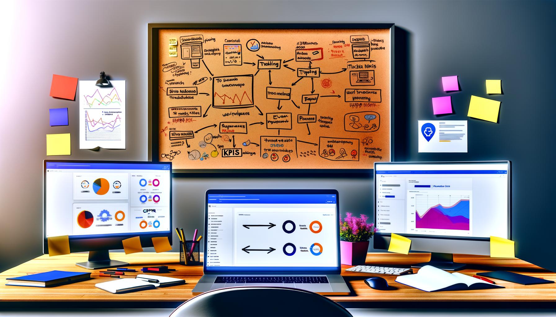 Moderner Workspace von oben mit mehreren Bildschirmen voller Web-Analysen, Whiteboard mit Skizzen zu Tracking-Konzepten und KPIs, Sticky Notes, Datenschutz-Hinweis und Google Tag Manager auf offenem Laptop.