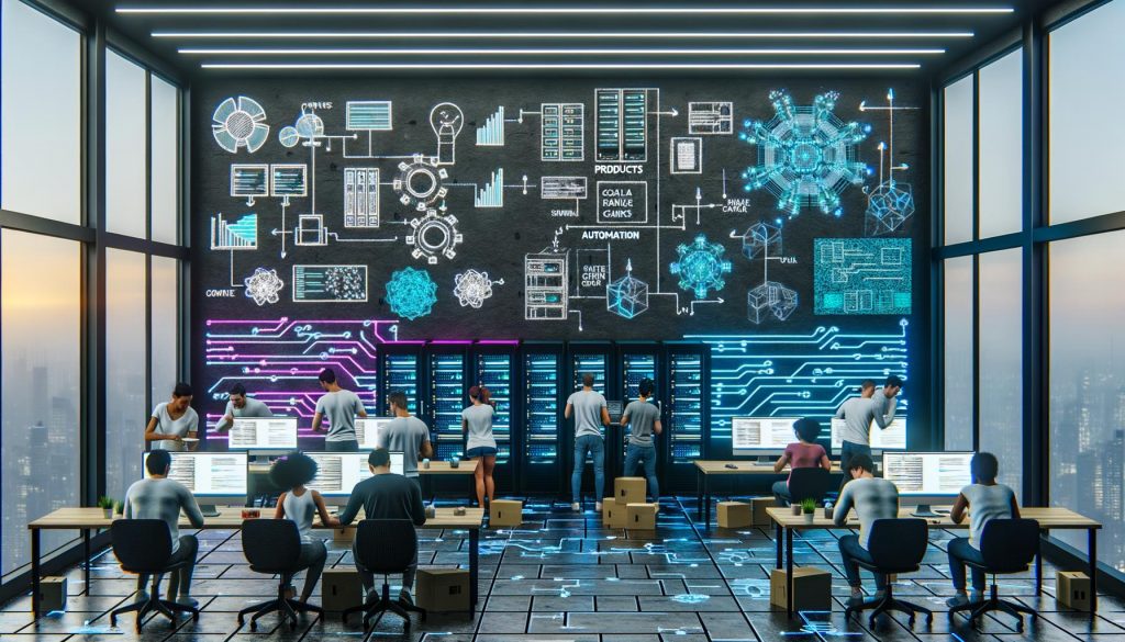 Hypermoderner digitaler Kontrollraum mit diversen Fachkräften an großen Daten-Dashboards, Glaswänden voller technischer Skizzen und stilisierten Circuit-Designs im Hintergrund.
