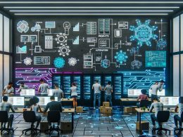 Hypermoderner digitaler Kontrollraum mit diversen Fachkräften an großen Daten-Dashboards, Glaswänden voller technischer Skizzen und stilisierten Circuit-Designs im Hintergrund.