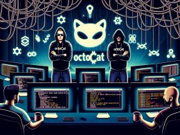 Titelbild mit DevOps-Entwickler:innen im Maschinenraum, Monitoren mit Code und YAML-Dateien, leuchtenden Kabeln, GitHub-Logo sowie Icons für Workflows, Runner und Secrets. Im Vordergrund Dashboard für CI/CD-Prozesse.