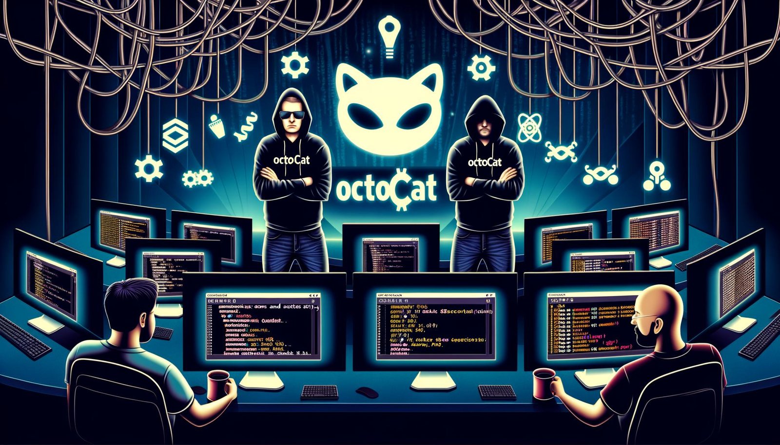 Titelbild mit DevOps-Entwickler:innen im Maschinenraum, Monitoren mit Code und YAML-Dateien, leuchtenden Kabeln, GitHub-Logo sowie Icons für Workflows, Runner und Secrets. Im Vordergrund Dashboard für CI/CD-Prozesse.