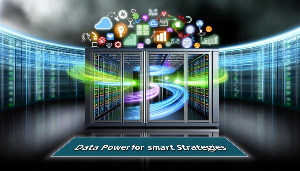 Titelbild mit gläsernem Rechenzentrum, fließenden, bunten Datenströmen, Marketing-Icons und zentraler Datenbank-Plattform vor digitalem Nebel. Groß: Schriftzug 'Data Power für smarte Strategien'.
