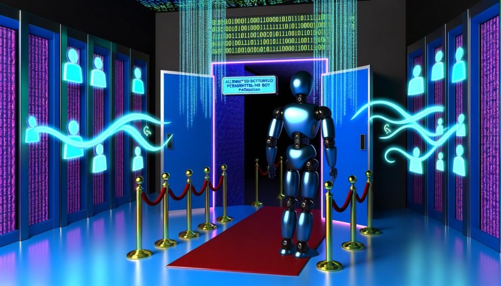 Futuristischer Serverraum mit humanoidem Roboter als Türsteher vor offenem Club, leuchtende URLs und Symbole repräsentieren das robots.txt Management