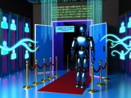 Futuristischer Serverraum mit humanoidem Roboter als Türsteher vor offenem Club, leuchtende URLs und Symbole repräsentieren das robots.txt Management