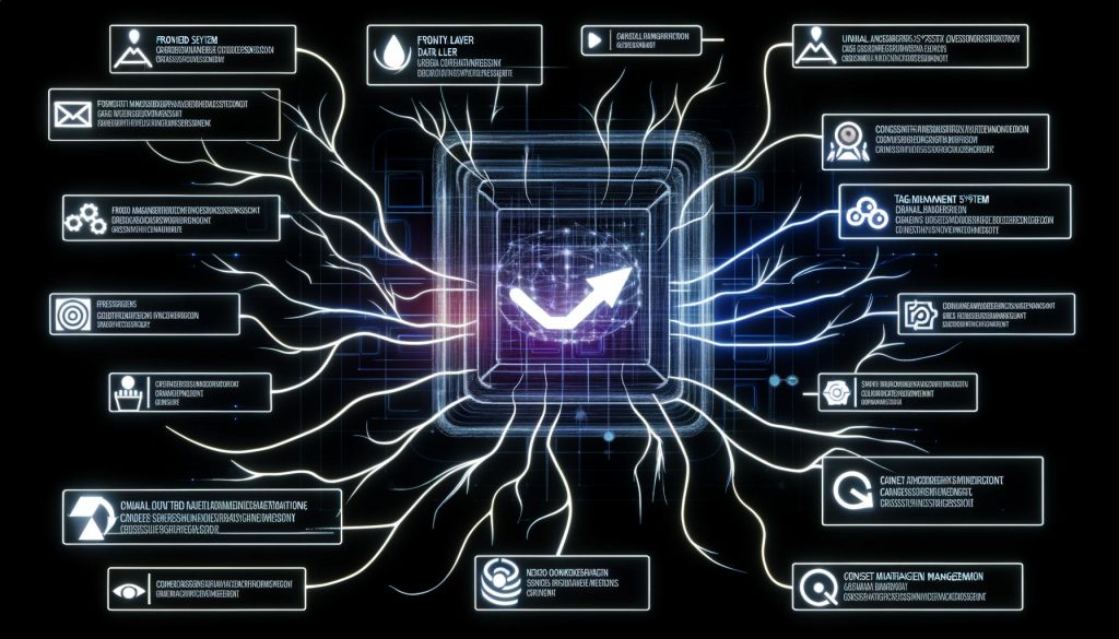 Abstraktes, modernes Bild eines digitalen Nervensystems mit zentraler Website-Oberfläche, leuchtenden Datenströmen, technisch verbundenen Schichten und interaktiven User-Events vor einem futuristischen Dashboard.