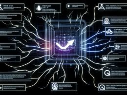 Abstraktes, modernes Bild eines digitalen Nervensystems mit zentraler Website-Oberfläche, leuchtenden Datenströmen, technisch verbundenen Schichten und interaktiven User-Events vor einem futuristischen Dashboard.