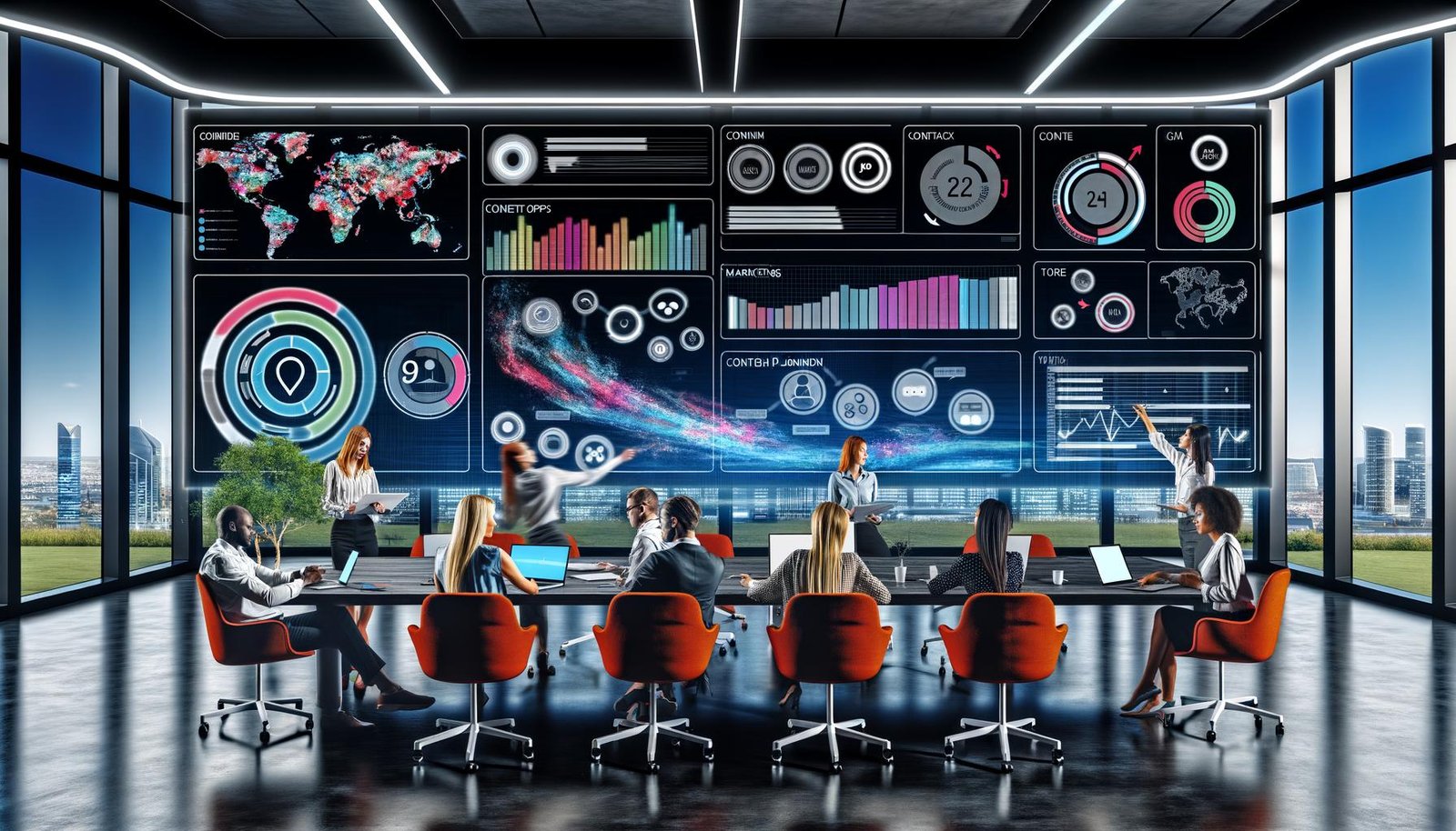 Modernes Kontrollzentrum mit großem, gebogenem Dashboard für Content Ops, diverse Marketing-Teammitglieder arbeiten gemeinsam an Laptops und Tablets, im Hintergrund sind farbige Datenströme und Diagramme sichtbar