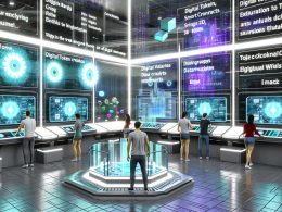 Digitaler Maschinenraum mit Neon-Panels, holografischer NFT-Kunst und Technikern vor virtuellen Displays für Blockchain und Smart Contracts
