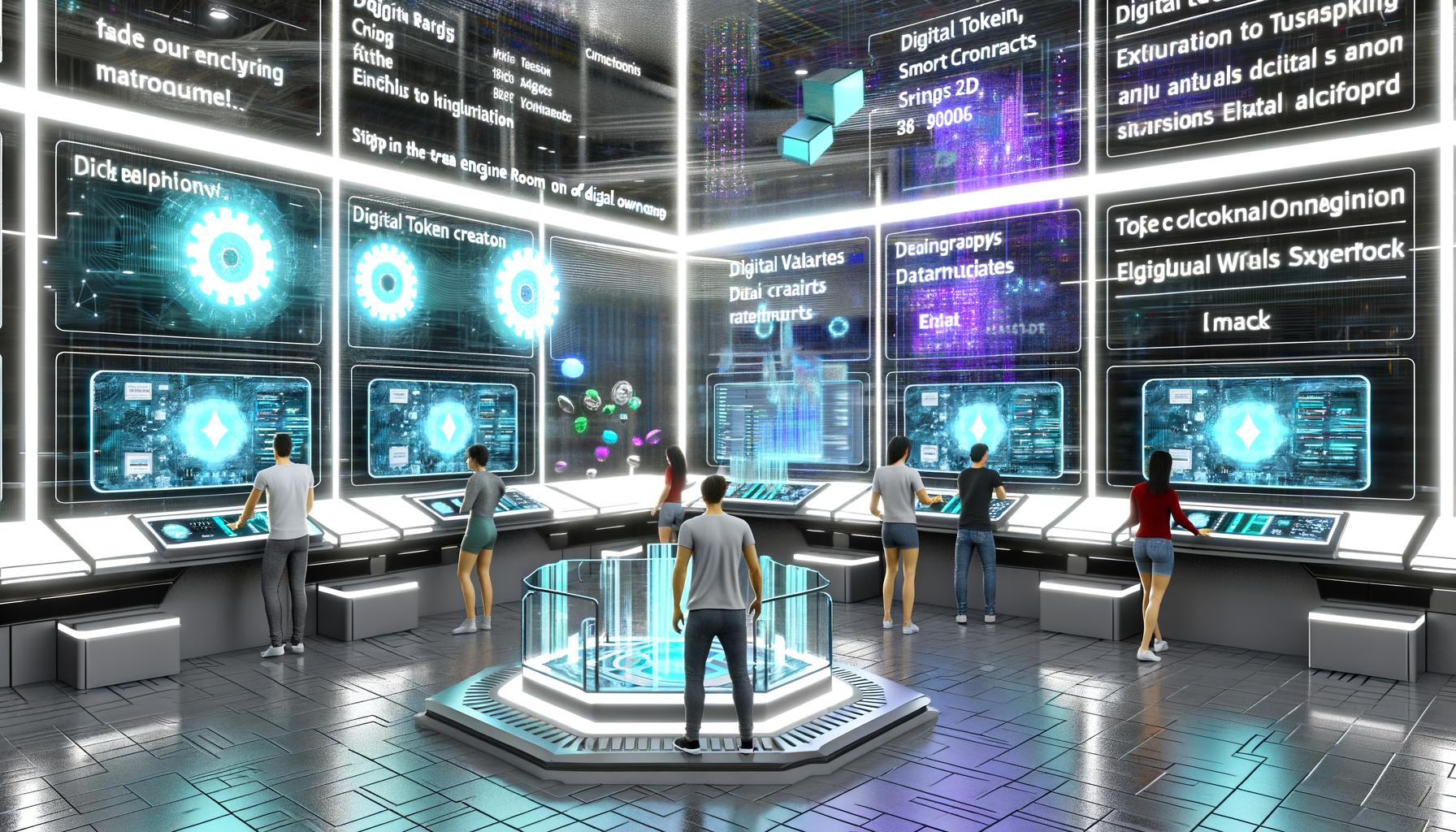Digitaler Maschinenraum mit Neon-Panels, holografischer NFT-Kunst und Technikern vor virtuellen Displays für Blockchain und Smart Contracts