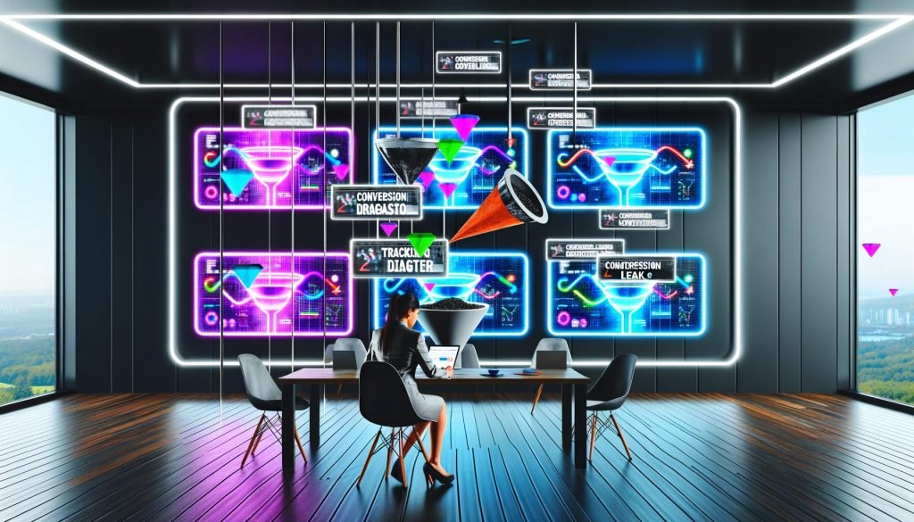Futuristisches Büro mit mehreren Monitoren, auf denen Flussdiagramme, Funnel-Grafiken und KPIs angezeigt werden. Eine Person betrachtet ein zentrales Dashboard, sichtbar umgeben von digitalen Fehlerquellen wie Conversion-Lecks und Tracking-Desastern.