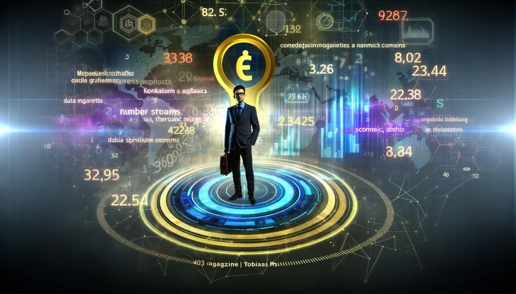 Moderner Marketer vor großem, digitalem Daten-Dashboard mit goldener Kennzahl und Zahlenströmen in futuristischer Business-Atmosphäre.