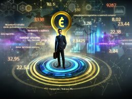 Moderner Marketer vor großem, digitalem Daten-Dashboard mit goldener Kennzahl und Zahlenströmen in futuristischer Business-Atmosphäre.