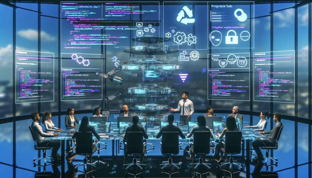 Futuristisches Büro mit diversen Entwicklern und Marketern, die mit GitHub, Code-Snippets und Workflows an einem digitalen Tisch zusammenarbeiten.