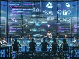 Futuristisches Büro mit diversen Entwicklern und Marketern, die mit GitHub, Code-Snippets und Workflows an einem digitalen Tisch zusammenarbeiten.