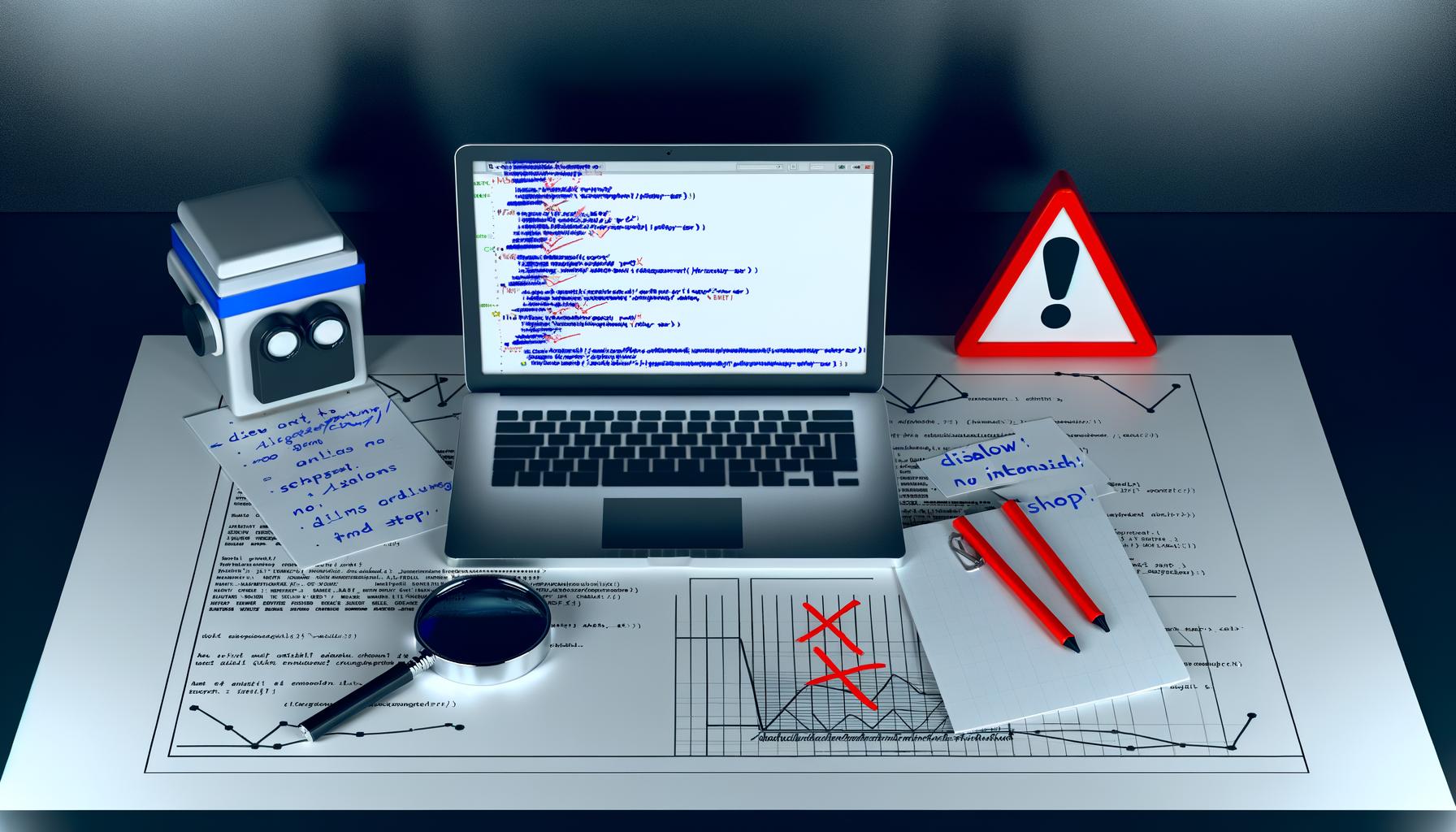 Minimalistischer Schreibtisch mit Laptop, der im Code-Editor eine robots.txt Datei mit Disallow-Befehl anzeigt, daneben Notizen, technische Skizzen, Traffic-Diagramme und Warnhinweise, die auf SEO-Risiken hinweisen.
