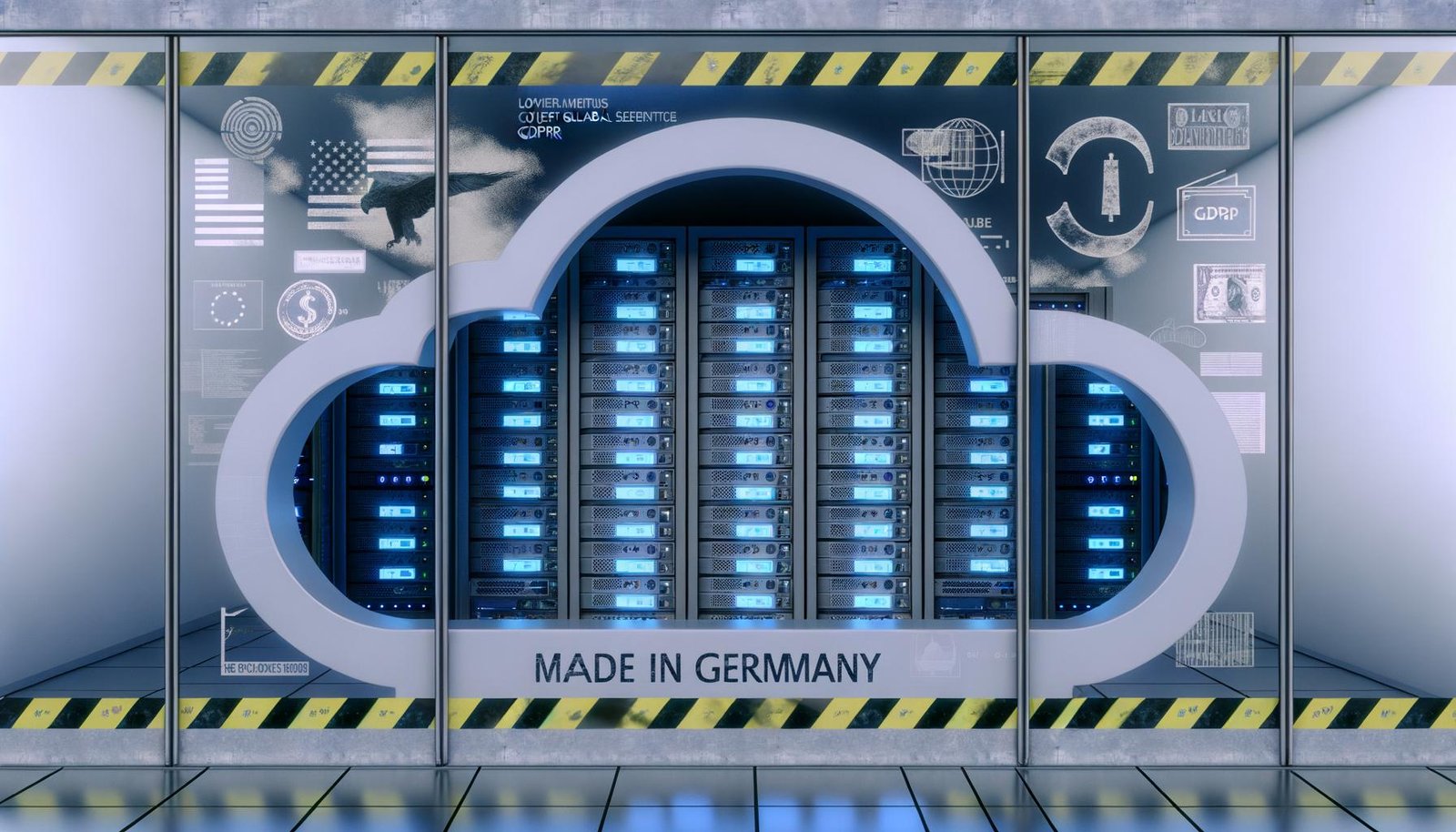 Serverraum mit modernen, deutschen Hardware-Racks, Cloud-Sicherheit, Datenhoheitsband und angedeuteten US-Silhouetten hinter Glas, Datenschutzsymbole darüber.