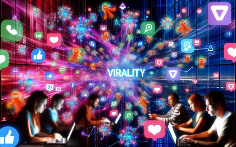 Collage mit Menschen an Smartphones und Laptops, umgeben von leuchtenden Social-Media-Symbolen, Memes, GIFs sowie Netzwerk-Linien und digitalen Datenströmen. Das Wort Viralität ist prominent dargestellt.