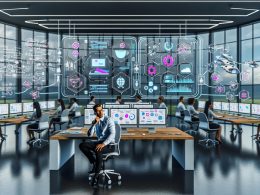 Modernes Open Space Büro 2025 mit Content Ops Editor, digitalen Dashboards und kollaborativem Team im Hintergrund