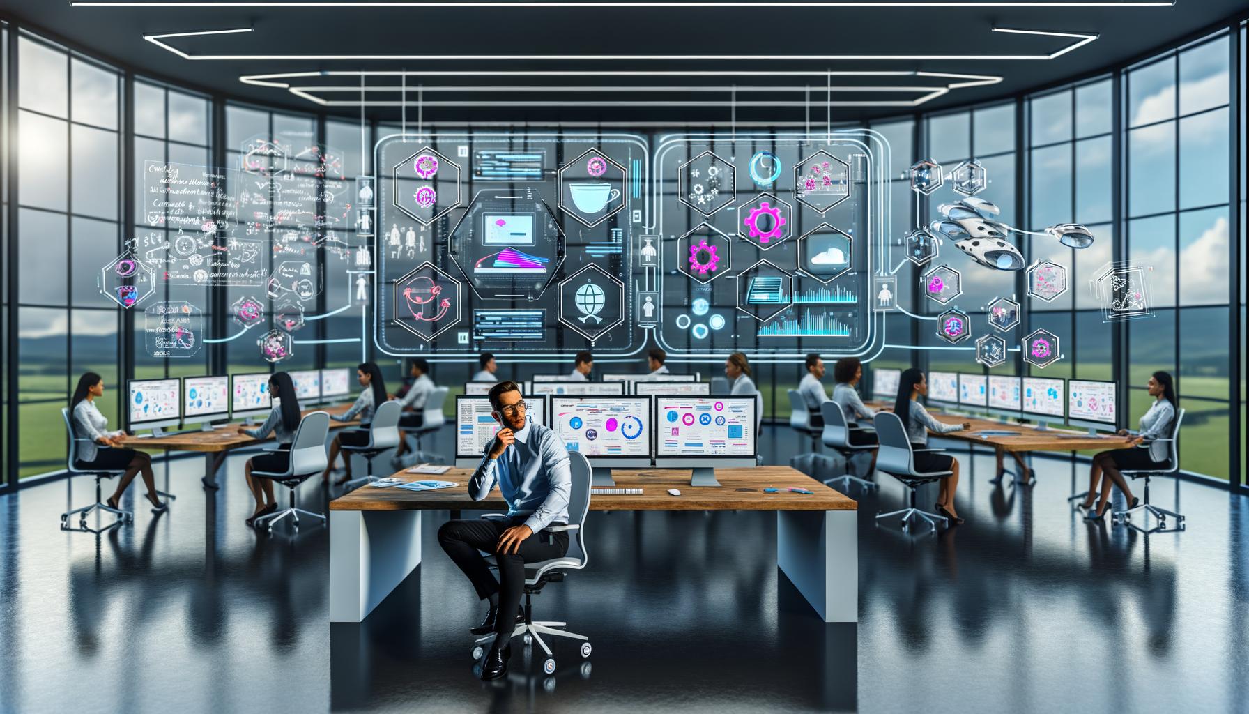 Modernes Open Space Büro 2025 mit Content Ops Editor, digitalen Dashboards und kollaborativem Team im Hintergrund