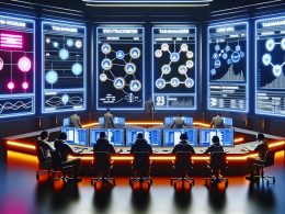 Futuristischer Maschinenraum einer Marketingabteilung mit großen neonbeleuchteten Analysebildschirmen, Datenströmen und mehreren Marketern vor Whiteboards.