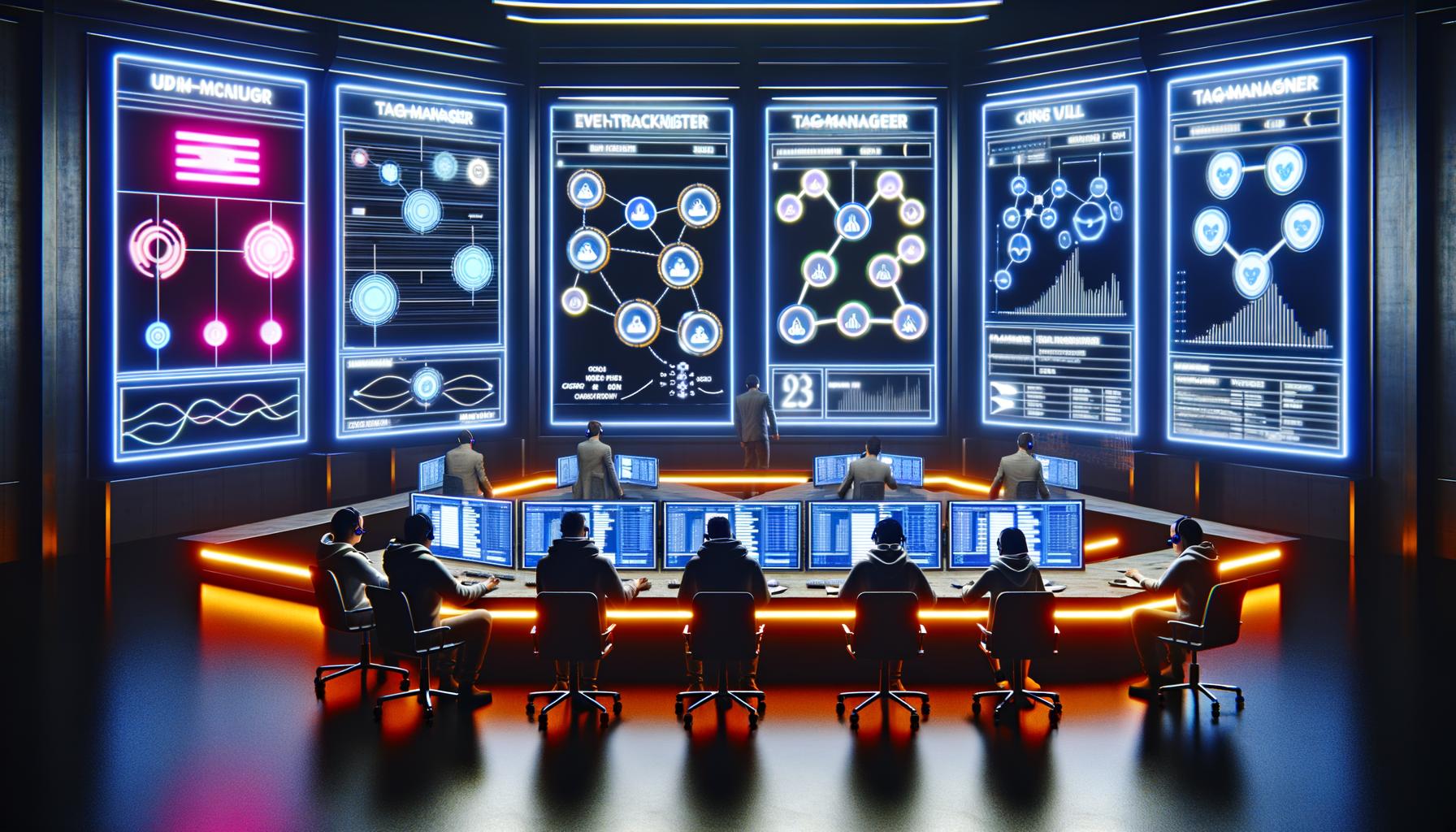 Futuristischer Maschinenraum einer Marketingabteilung mit großen neonbeleuchteten Analysebildschirmen, Datenströmen und mehreren Marketern vor Whiteboards.