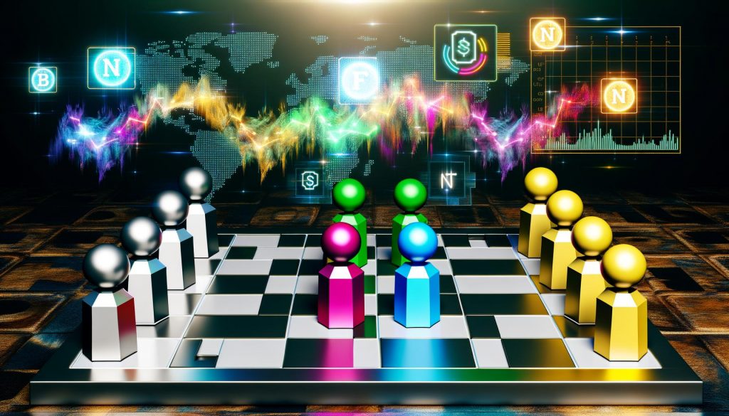 Schachbrett aus silbernen und goldenen Würfeln mit bunten 3D-NFT-Avataren, leuchtenden Blockchain-Strängen, Pixelpartikeln und holographischen Wallet- und Technik-Symbolen im futuristischen Stil