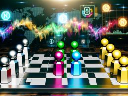 Schachbrett aus silbernen und goldenen Würfeln mit bunten 3D-NFT-Avataren, leuchtenden Blockchain-Strängen, Pixelpartikeln und holographischen Wallet- und Technik-Symbolen im futuristischen Stil